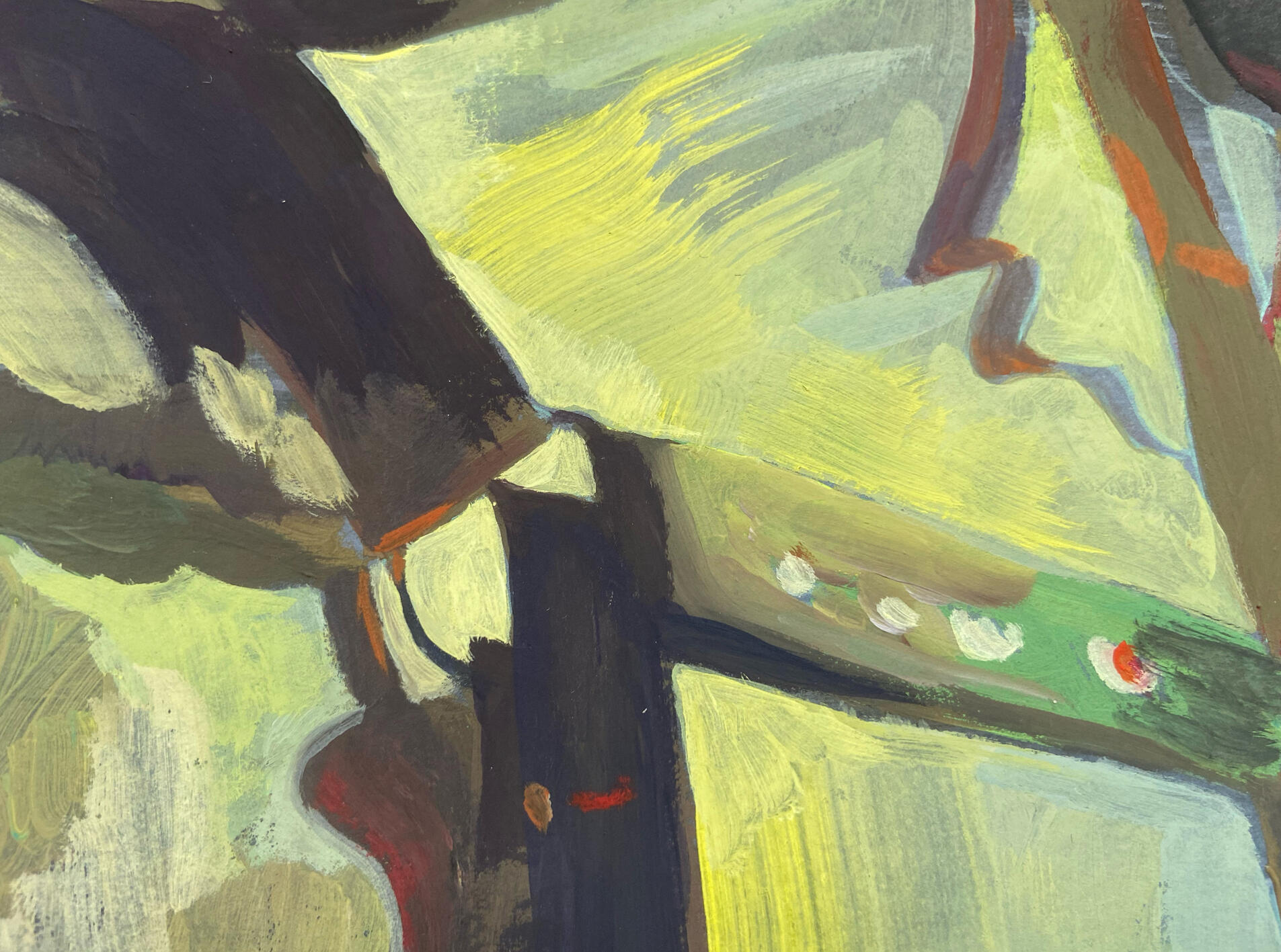 greenish image with dark brownish 'straps' crossing it, quite abstract